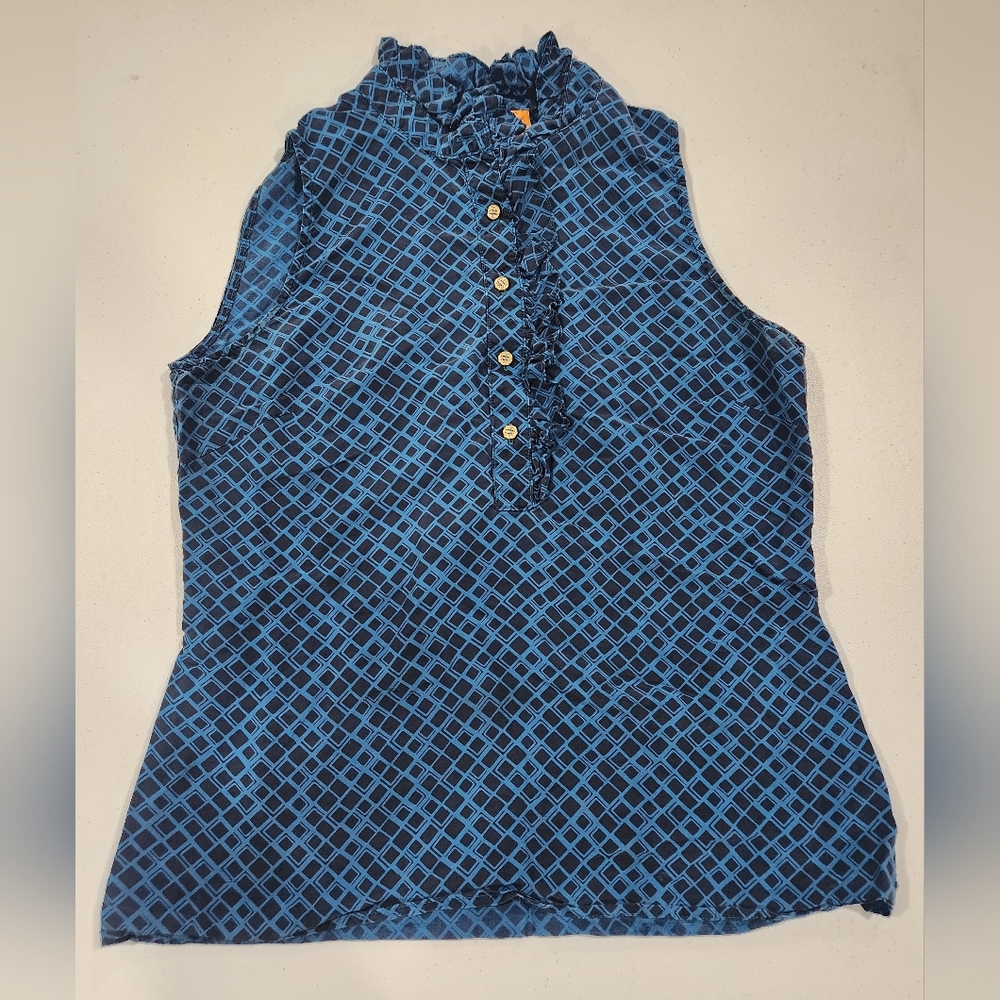 Tory Burch 100% Silk Blue Sleeveless Ruffle Top